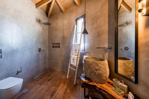 un bagno con un water, un lavandino e uno specchio di Anthemion Suites and Villas a Nauplia
