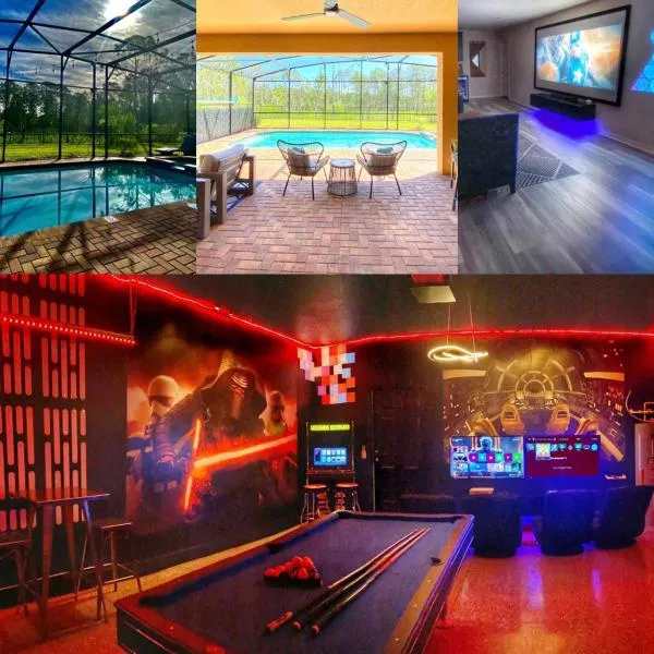 8BR VILLA NEAR DISNEY-VIEW/PRIVACY/POOL & SPA/PS5/EV, hotel in Kissimmee